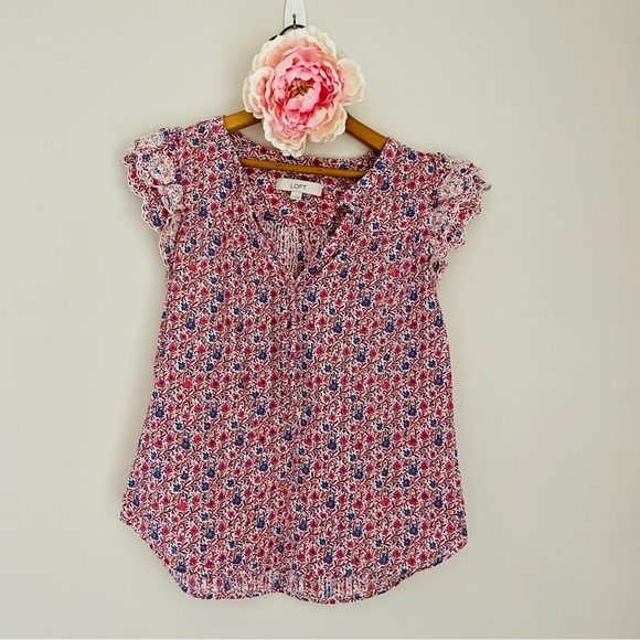 LOFT Flutter Ruffle Sleeve Floral Top Small Cotton - Picture 1 of 6